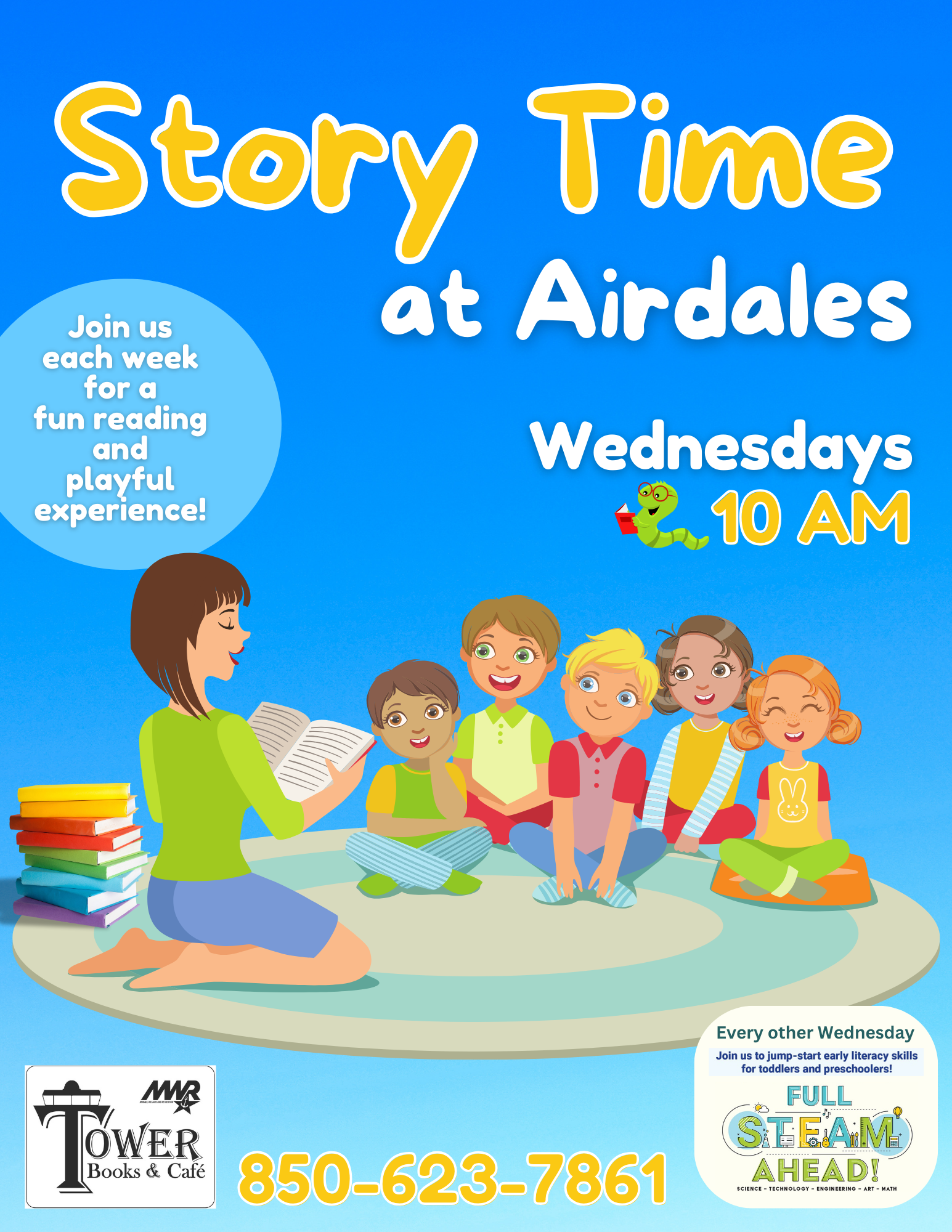 Bright flyer for 'Story Time at Airdales.' Illustration shows a woman reading to five children, smiling and sitting in a circle. Event is Wednesdays at 10 AM. Text highlights engaging, fun reading experiences and includes a phone number and event details.